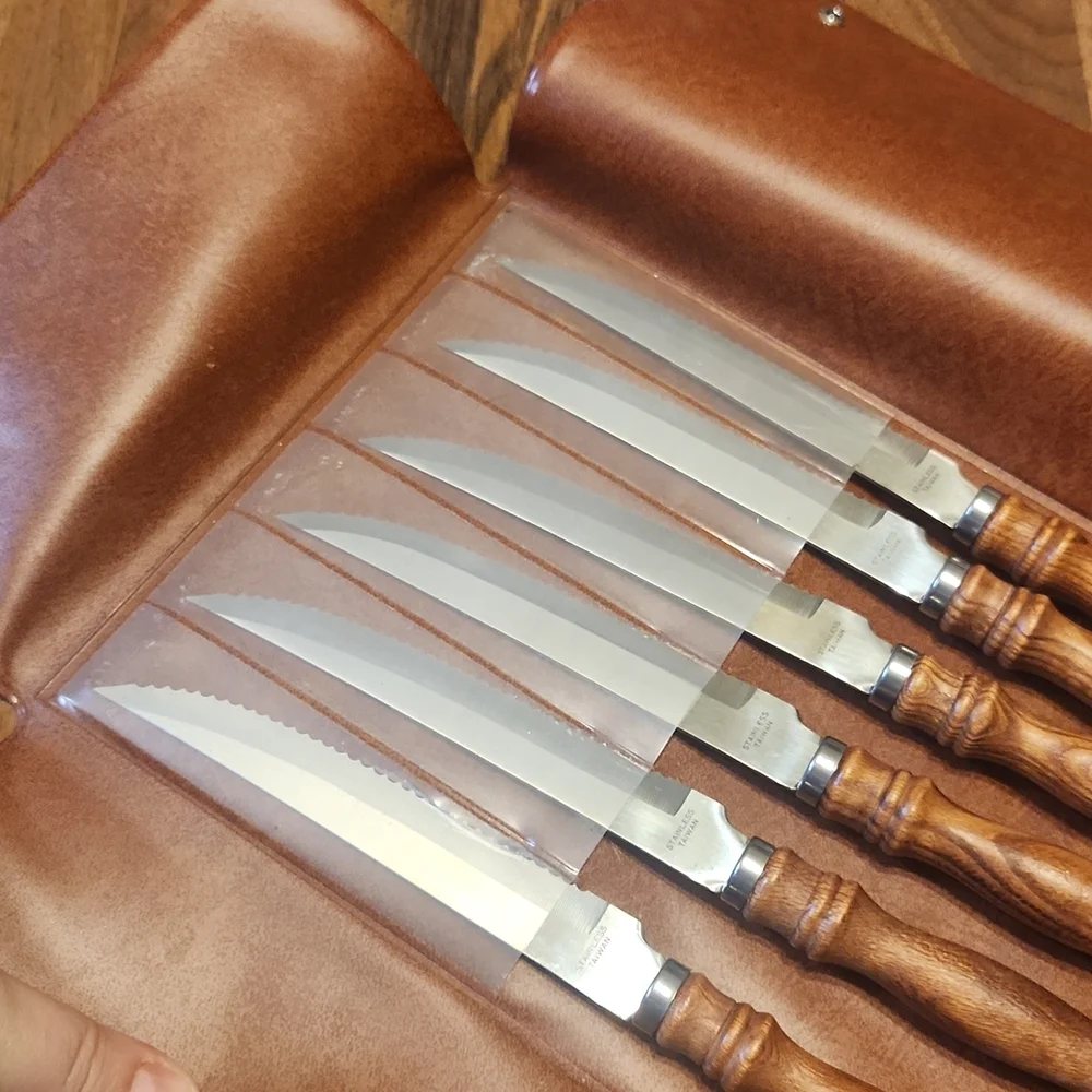 Vintage Wooden Handled Stainless Steel Steak Knives Set of Six In Vinyl Case